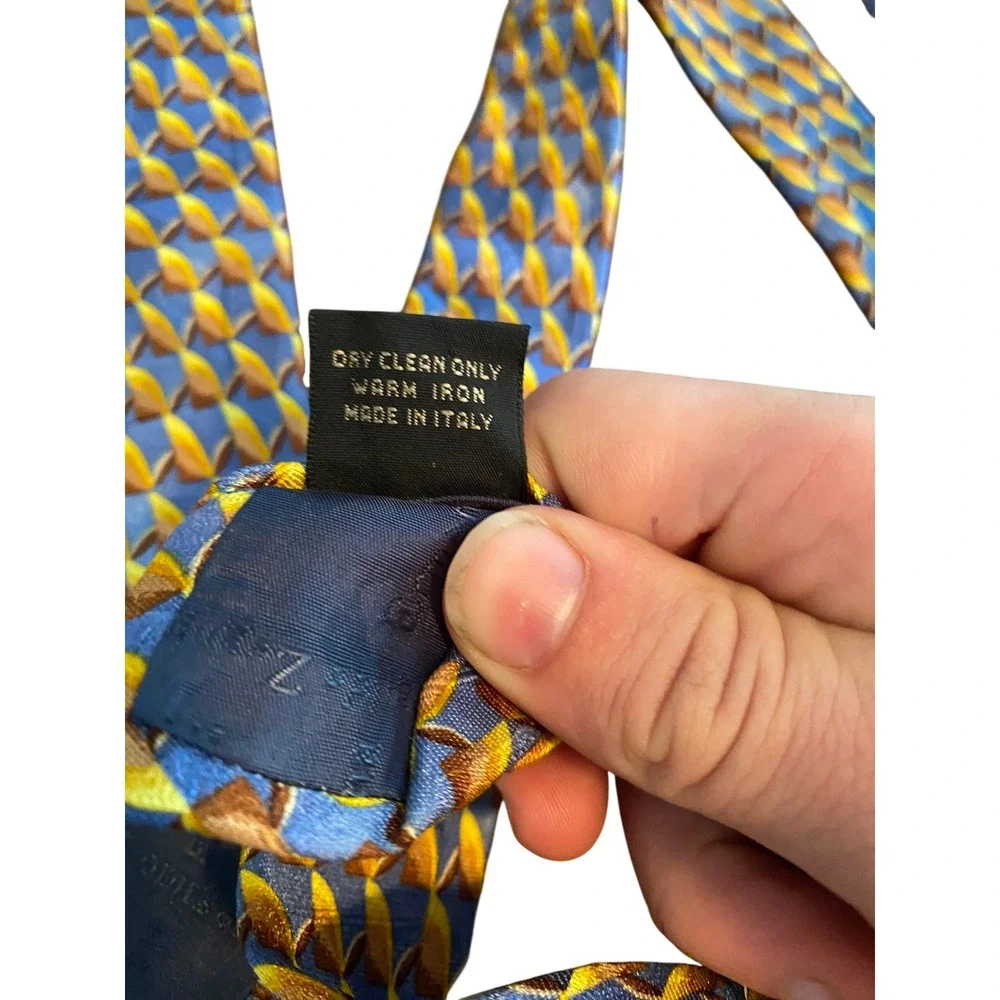 Ermenegildo Zegna Silk Tie Blue Gold‎ Geometric Abstract Made in Italy Mens